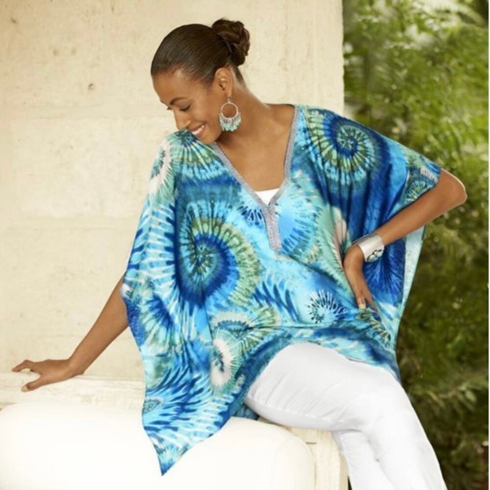 Chico's Blue Green Tie Dye Kimono Kaftan Size S/M Rhinestone Trimmed Neck Resort